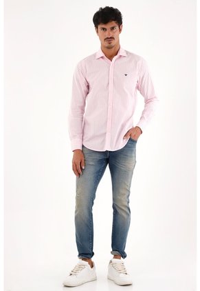 Camisa Rosada Manga Larga Con Diseño A Rayas Para Hombre