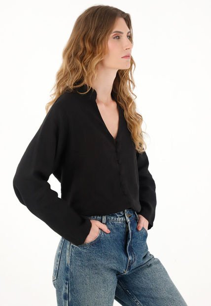 Camisa Negra Cuello Neru En 100% Lino Para Mujer