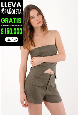 Tennis Bermuda Fit Recto Con Bolsillos Frontales Con Tapa En Lino Verde Oliva Para Mujer Tennis