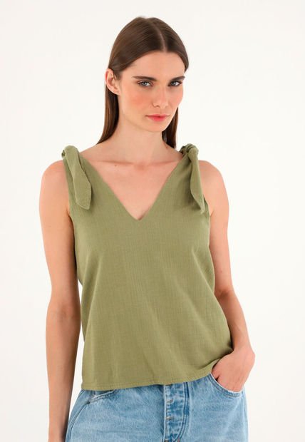 Camisa Verde De Escote En V Y Tiras Para Mujer