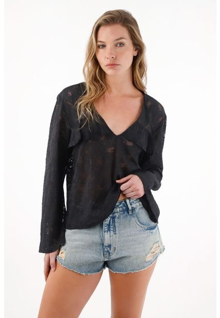 Camisa En Encaje Con Boleros Negra Para Mujer