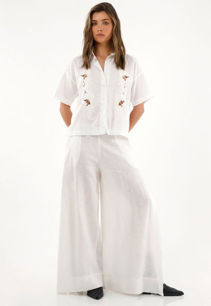 Camisa Color Crudo Con Bordado Para Mujer