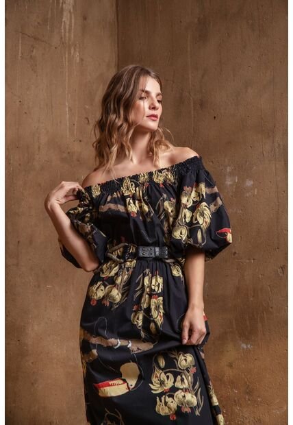 Vestido De Mujer, Diseño Midi Con Cuello Bandeja Manga Corta, Con Estampado De Tucanes