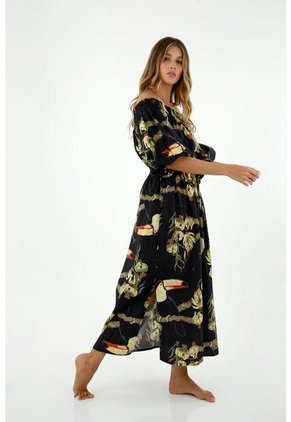 Vestido De Mujer, Diseño Midi Con Cuello Bandeja Manga Corta, Con Estampado De Tucanes