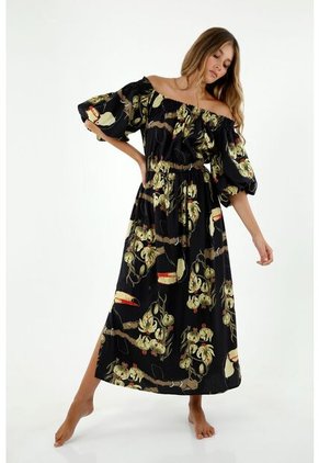 Vestido De Mujer, Diseño Midi Con Cuello Bandeja Manga Corta, Con Estampado De Tucanes