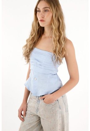 Tennis Camisa Strapless En 100% Lino Azul Para Mujer