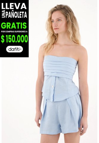 Tennis Short En Lino Con Prenses Azul Para Mujer Tennis