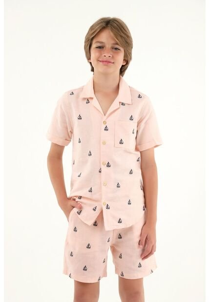 Camisa Tipo Bowling Rosada Con Bordado De Veleros Para Niño