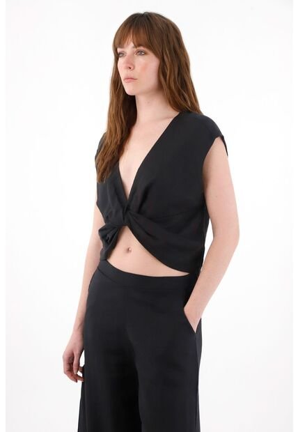 Tennis Camisa Amplia En Lino 100% Negra Para Mujer