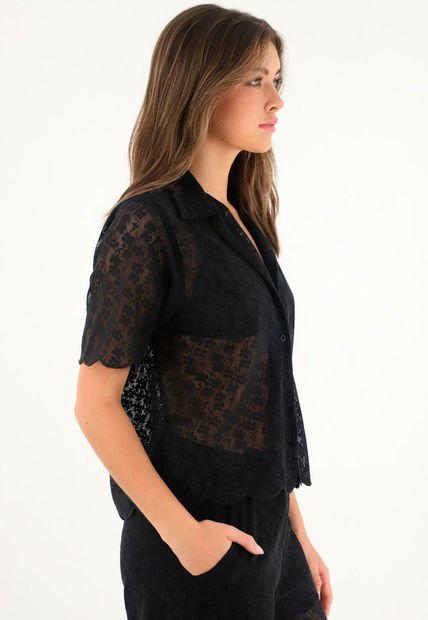 Camisa Tipo Bowling En Encaje Negra Para Mujer