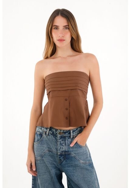 Tennis Camisa Strapless De Botones Café Para Mujer