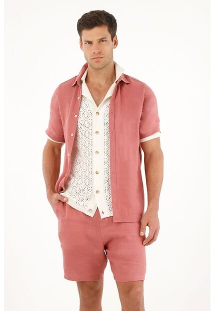 Camisa Manga Corta En 100% Lino Naranja Para Hombre