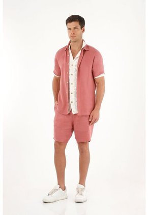 Camisa Manga Corta En 100% Lino Naranja Para Hombre