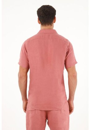 Camisa Manga Corta En 100% Lino Naranja Para Hombre