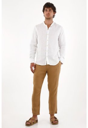 Tennis Camisa En 100% Lino Blanca Con Detalle Fruncido Para Hombre