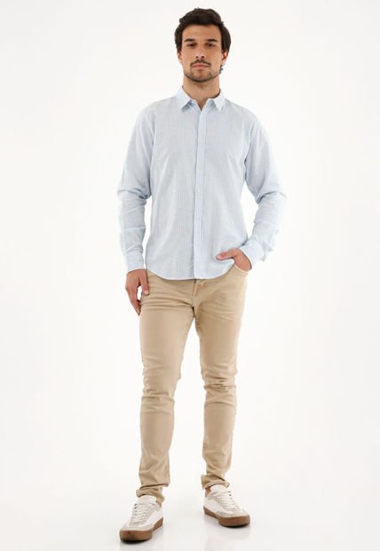 Camisa Azul A Rayas Manga Larga Para Hombre