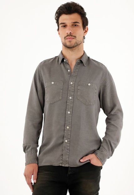 Camisa Clásica Gris Con Bolsillos Delanteros Para Hombre