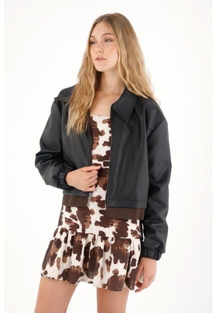 Tennis Chaqueta Corta Con Efecto Cuero Negra Para Mujer