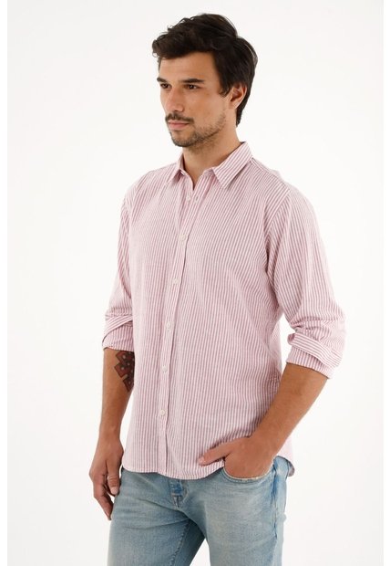 Camisa Rosada A Rayas Manga Larga Para Hombre