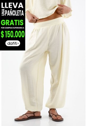 Tennis Pantalón Para Mujer De Viscosa Marfil Fit Relajado Con Textura Crinkle Tennis
