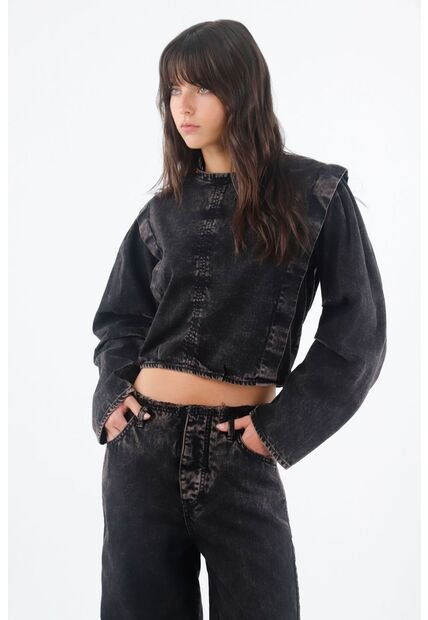 Tennis Camisa Para Mujer En Algodón Negro Lavado Relajado Con Hombros Marcados