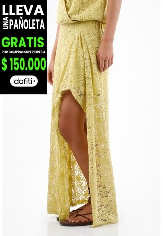 Tennis Falda Larga Para Mujer En Algodón Amarillo Pastel Fit Fluido Con Encaje Floral Tennis