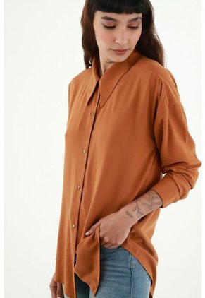 Camisa Café Con Cuello Clásico Para Mujer