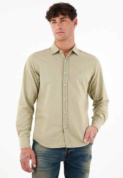 Camisa De Tela Oxford Manga Larga Verde Para Hombre