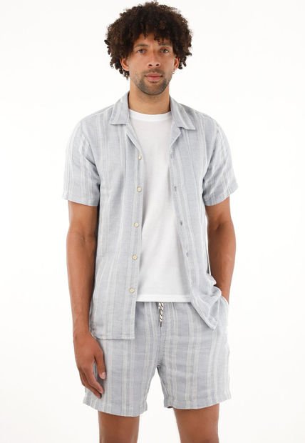Camisa Azul Tipo Bowling A Rayas Para Hombre