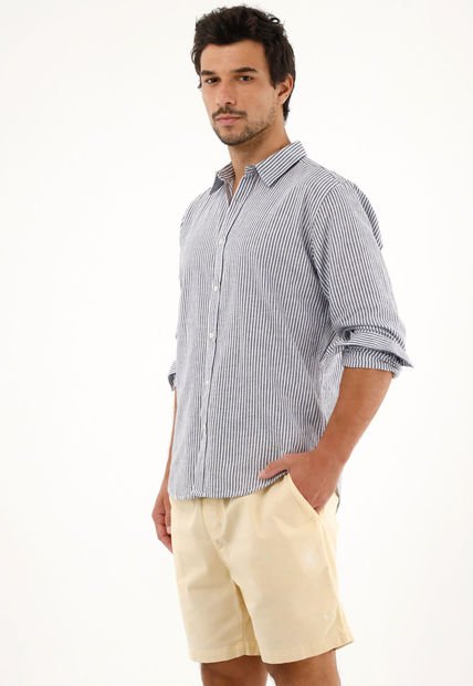 Camisa Azul Oscuro A Rayas Manga Larga Para Hombre