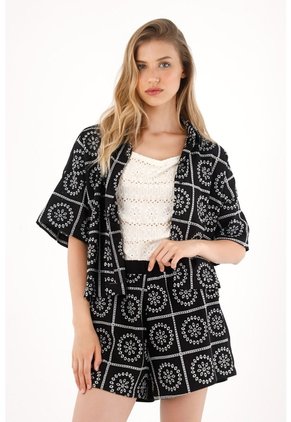 Tennis Camisa En Tela Bordada Negra Para Mujer