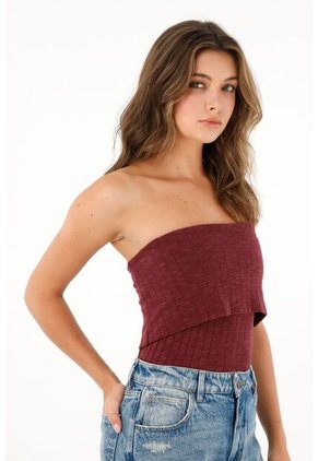 Camiseta Strapless Roja Con Escote Elástico Para Mujer