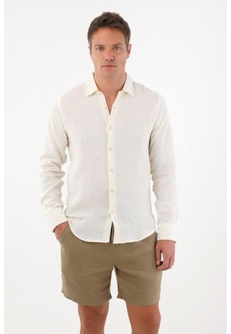 Tennis Camisa En 100% Lino Manga Larga Crudo Con Detalle Fruncido Para Hombre Tennis