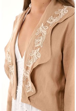 Abrigo Corto En 100% Lino Con Bordado Para Mujer