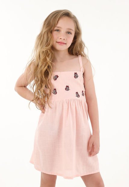 Vestido Rosado Con Mariposas Bordadas Para Niña