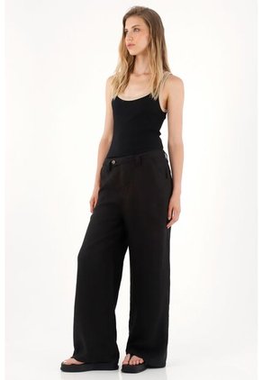 Tennis Pantalón Wide Leg Negro En 100% Lino Para Mujer