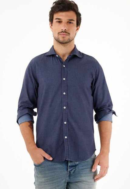 Camisa Azul Oscura Regular Fit Preteñida Para Hombre