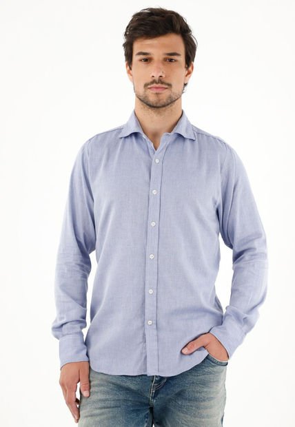 Camisa Azul Con Diseño Preteñido Manga Larga Para Hombre