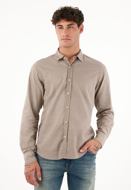 Camisa Manga Larga Con Raqueta Bordada Café Para Hombre