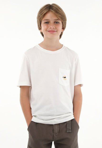 Camiseta Blanca Con Bordado Y Bolsillo Para Niño