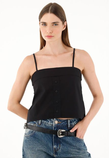 Camisa Negra De Escote Recto Para Mujer