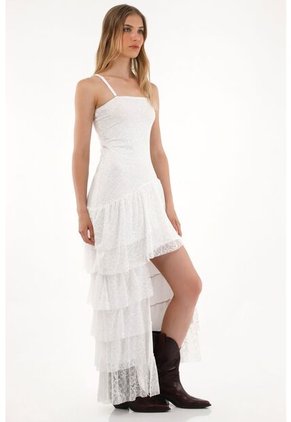 Tennis Vestido Largo En Encaje Con Boleros Crudo Para Mujer