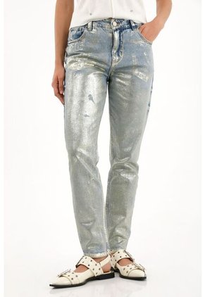 Tennis Jean Mom Tiro Alto Efecto Foil Dorado Para Mujer