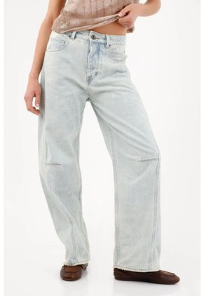 Tennis Jean Wide Leg Con Costuras Paneladas En Algodón Azul Claro Para Mujer