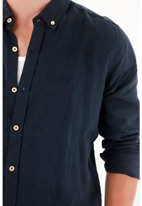 Tennis Camisa En 100% Lino Manga Larga Azul Con Acabado Suave Para Hombre