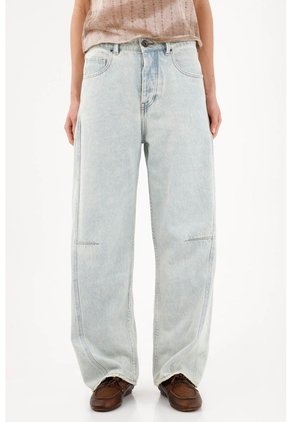 Tennis Jean Wide Leg Con Costuras Paneladas En Algodón Azul Claro Para Mujer