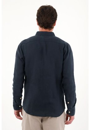 Tennis Camisa En 100% Lino Manga Larga Azul Con Acabado Suave Para Hombre
