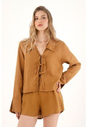 Tennis Camisa En 100% Lino Con Tiras Que Anudan En Frente Café Para Mujer