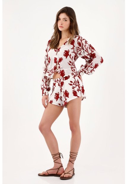 Tennis Bermuda Fit Relajado Con Estampado Floral Rojo En Poliéster Blanco Para Mujer