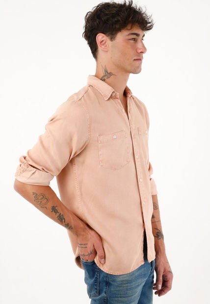 Camisa Manga Larga Rosada Con Teñido Overdye Para Hombre
